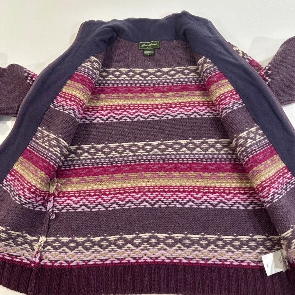 Eddie Bauer Lambswool Fair Isle Zip Up Cardigan Sweater Womens Small Purple